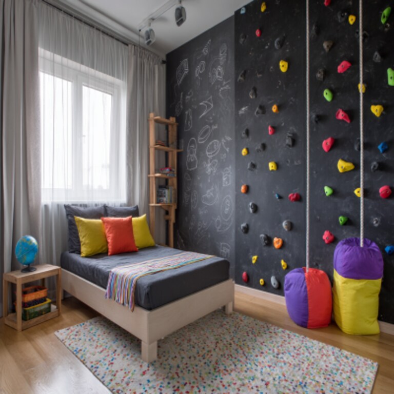 Modern Kids Bedroom Design With Blackboard And Rock Climbing Wall
